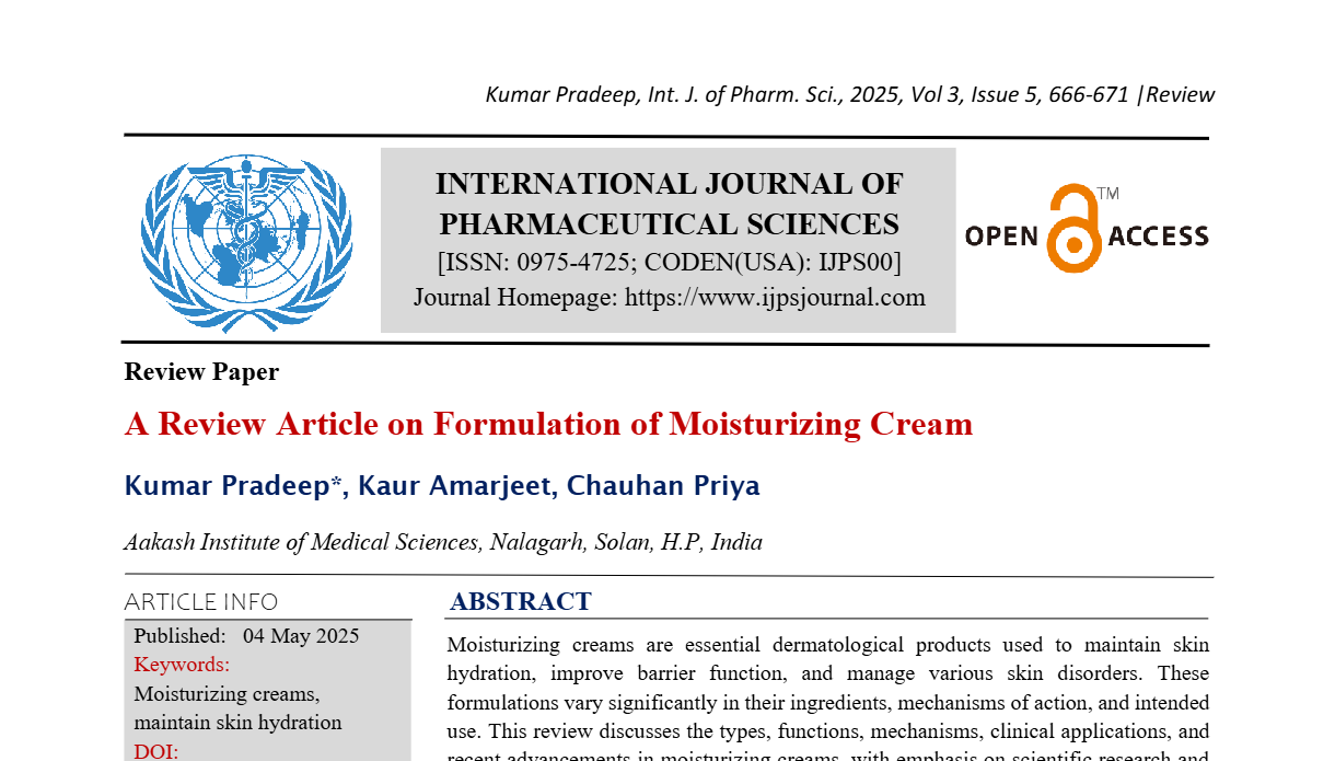 A Review Article on Formulation of Moisturizing Cream 