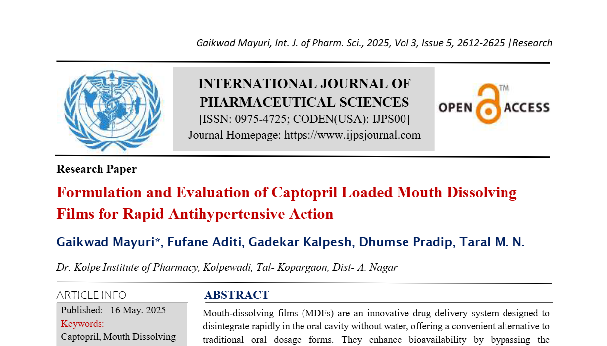 Formulation and Evaluation of Captopril Loaded Mouth Dissolving Films for Rapid Antihypertensive Action 