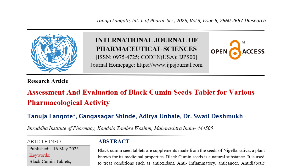 Assessment And Evaluation of Black Cumin Seeds Tablet for Various Pharmacological Activity 