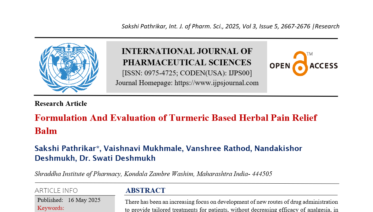 Formulation And Evaluation of Turmeric Based Herbal Pain Relief Balm  