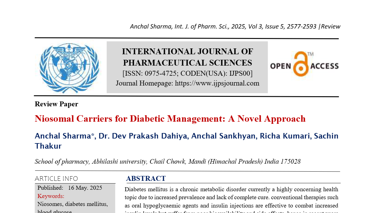 Niosomal Carriers for Diabetic Management: A Novel Approach 