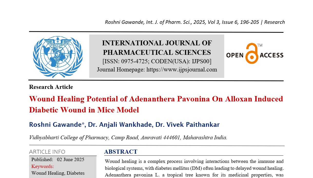 Wound Healing Potential of Adenanthera Pavonina On Alloxan Induced Diabetic Wound in Mice Model