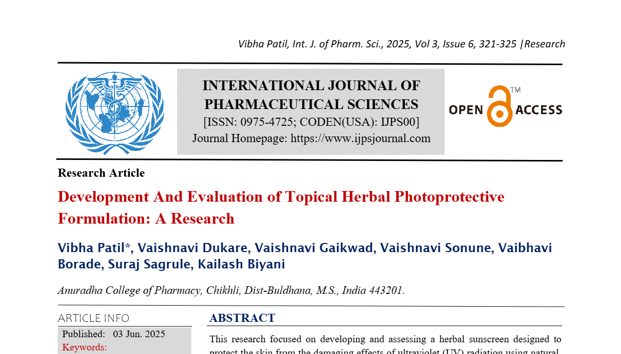 Development And Evaluation of Topical Herbal Photoprotective Formulation: A Research 