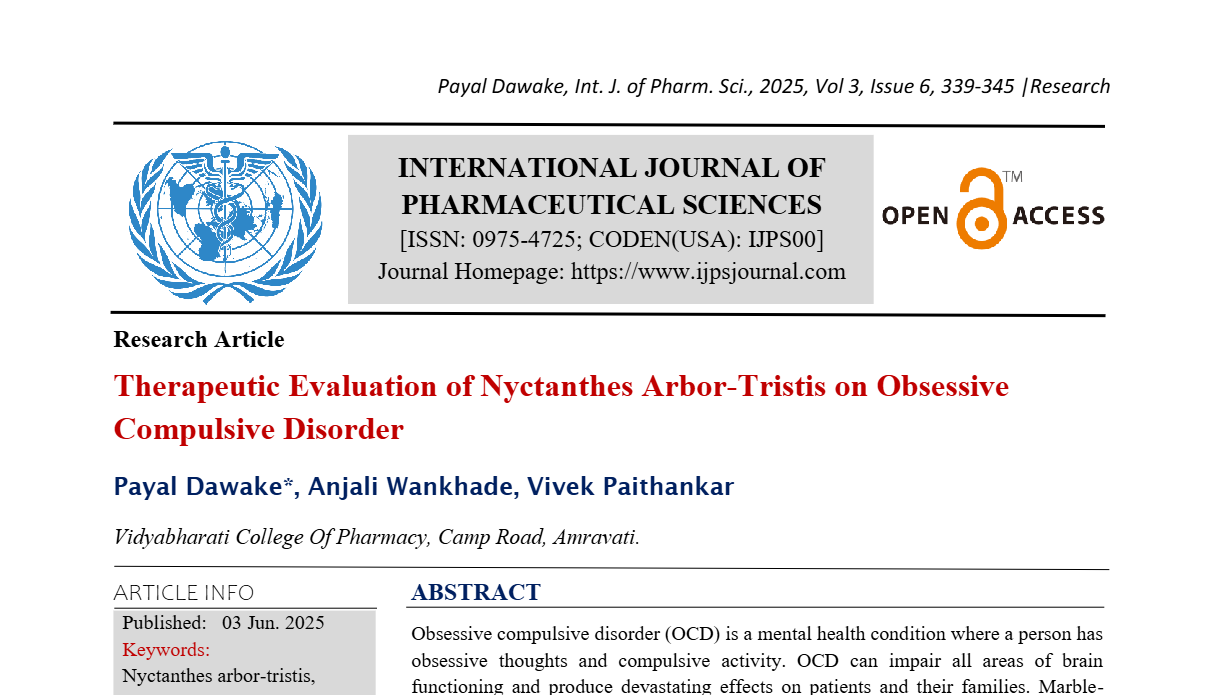 Therapeutic Evaluation of Nyctanthes Arbor-Tristis on Obsessive Compulsive Disorder 