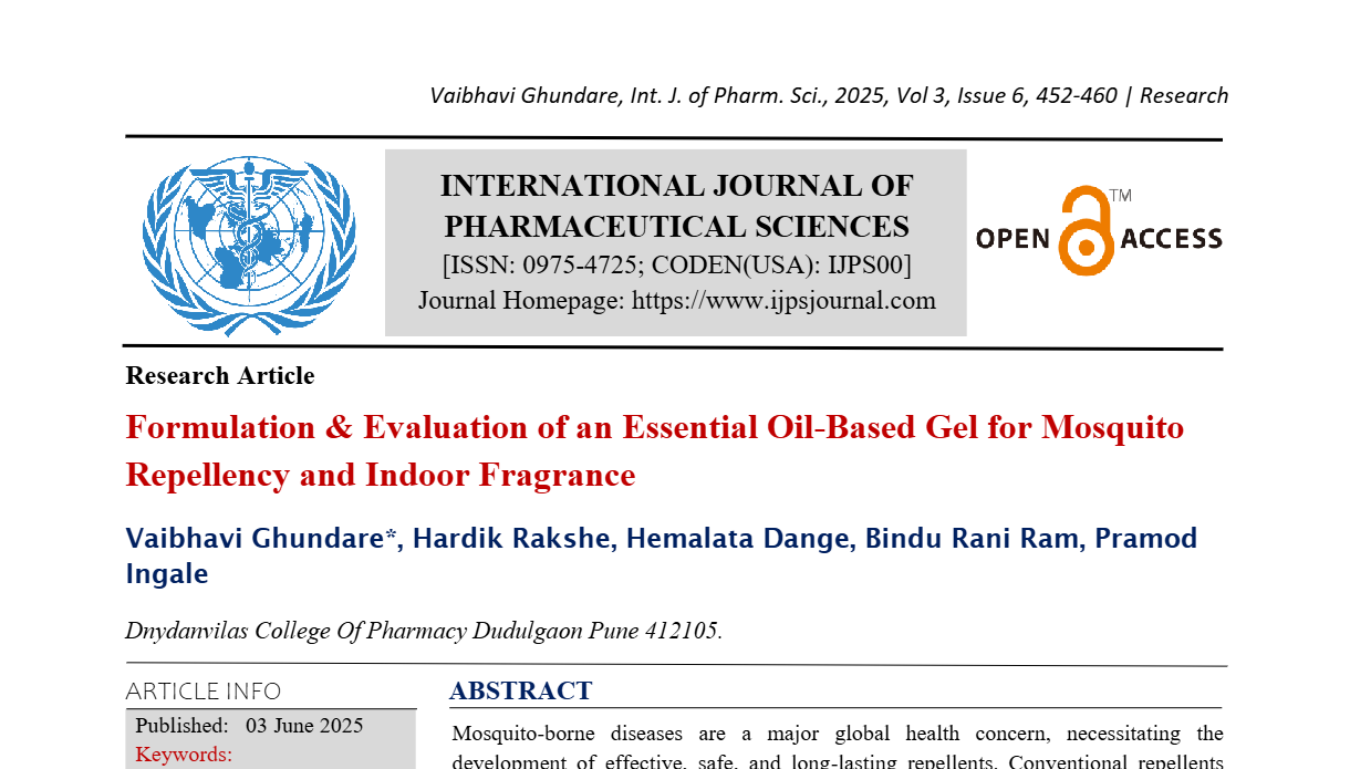 Formulation & Evaluation of an Essential Oil-Based Gel for Mosquito Repellency and Indoor Fragrance