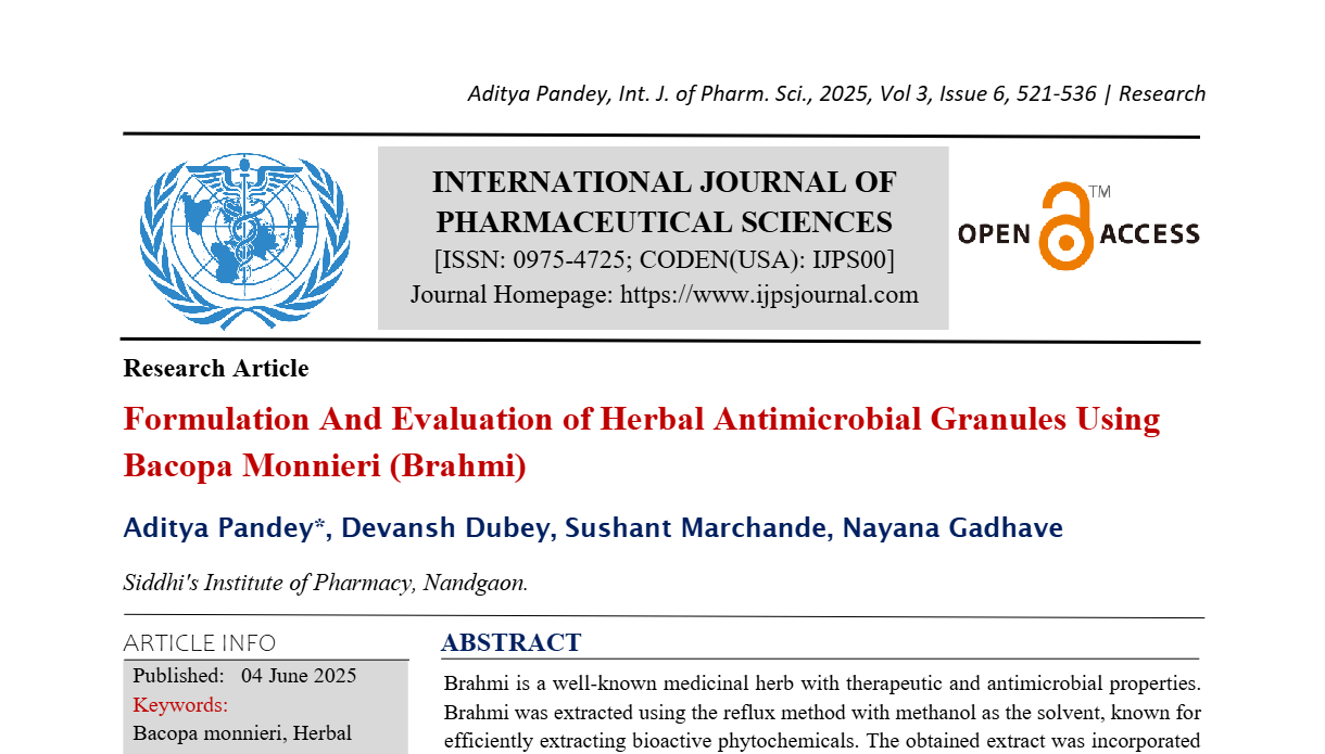 Formulation And Evaluation of Herbal Antimicrobial Granules Using Bacopa Monnieri (Brahmi)