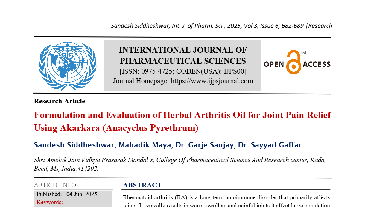 Formulation and Evaluation of Herbal Arthritis Oil for Joint Pain Relief Using Akarkara (Anacyclus Pyrethrum) 