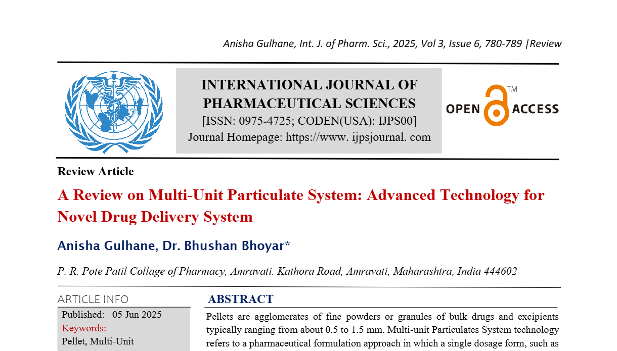 A Review on Multi-Unit Particulate System: Advanced Technology for Novel Drug Delivery System