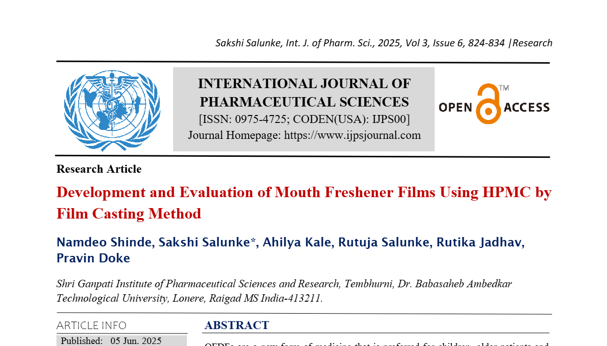 Development and Evaluation of Mouth Freshener Films Using HPMC by Film Casting Method 