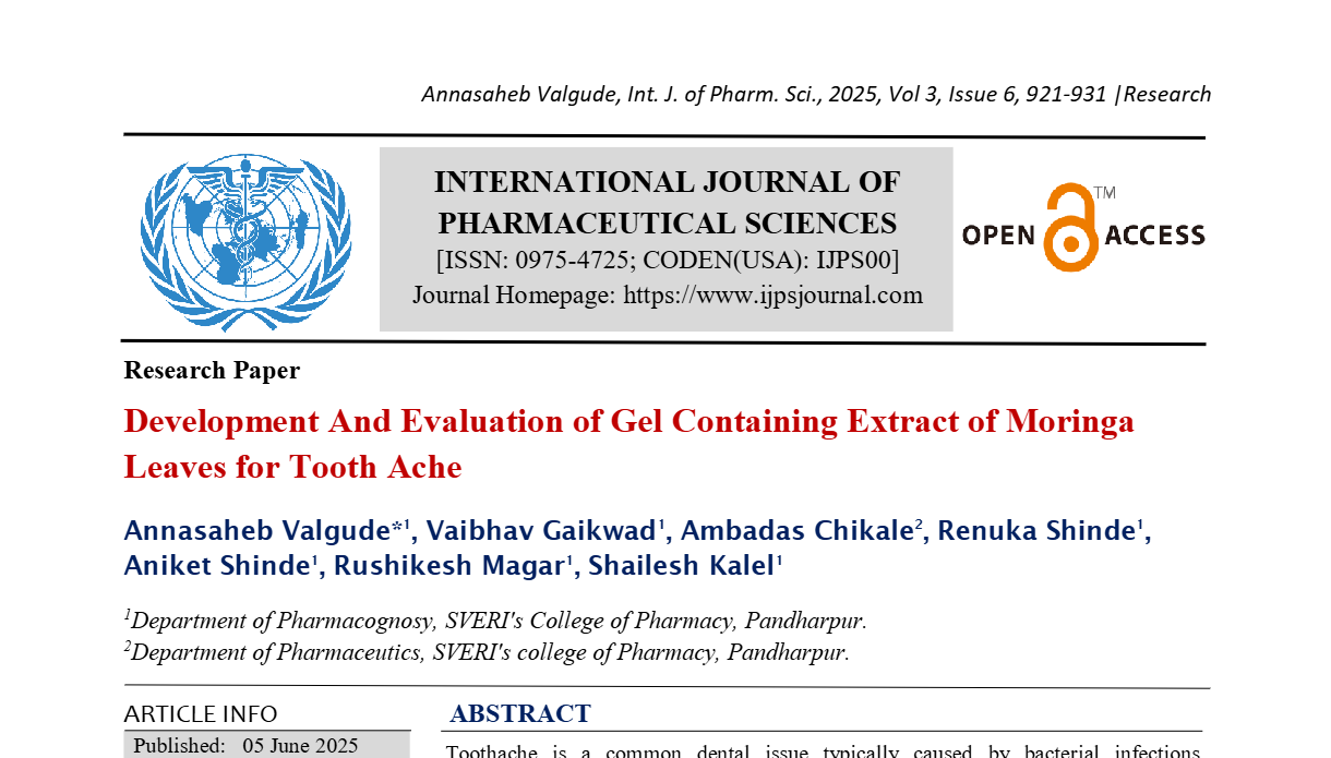 Development And Evaluation of Gel Containing Extract of Moringa Leaves for Tooth Ache