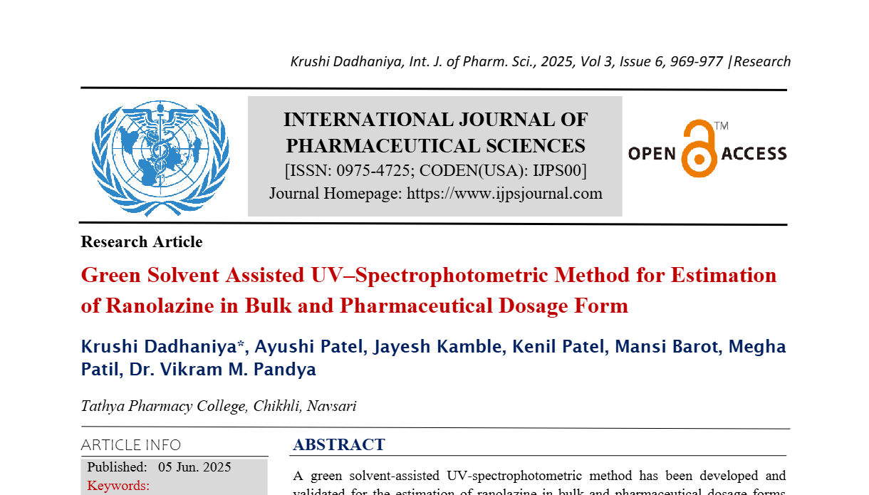 Green Solvent Assisted UV–Spectrophotometric Method for Estimation of Ranolazine in Bulk and Pharmaceutical Dosage Form 
