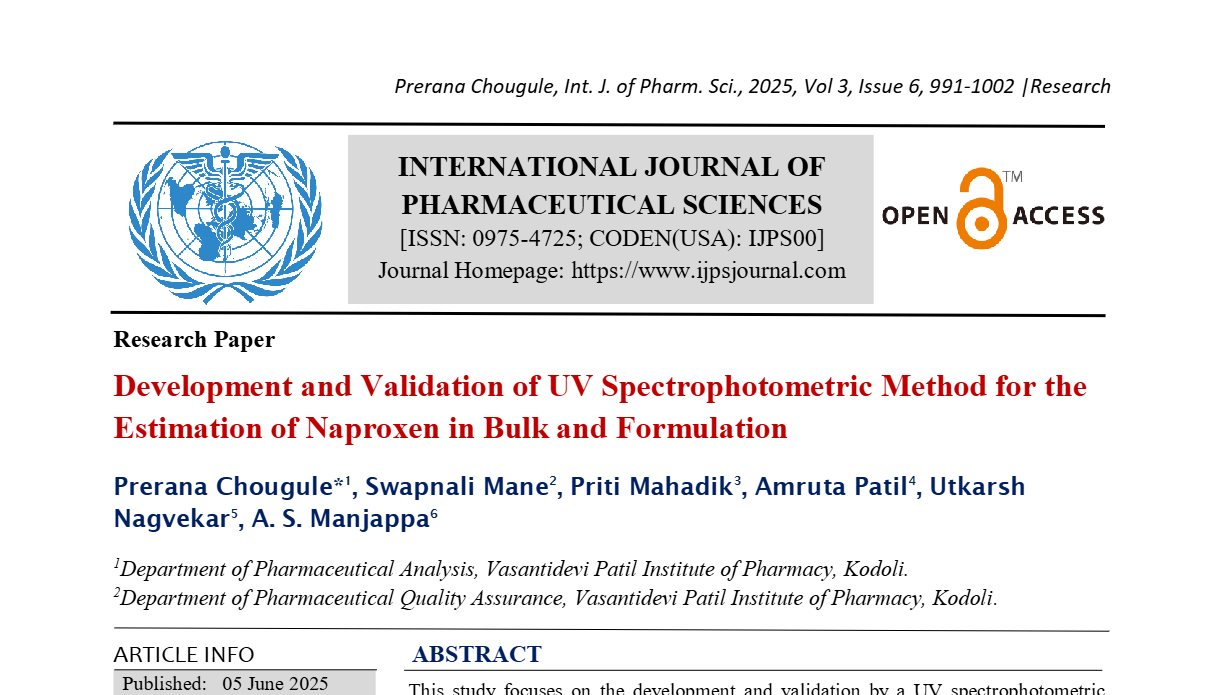 Development and Validation of UV Spectrophotometric Method for the Estimation of Naproxen in Bulk and Formulation