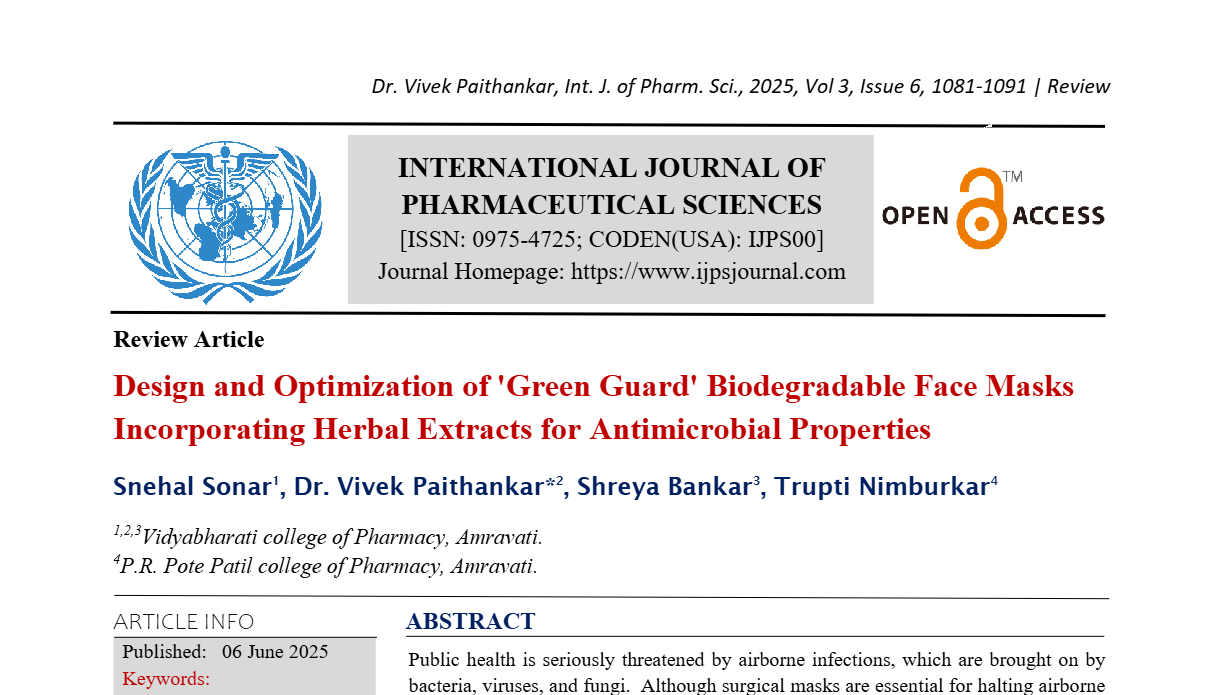 Design and Optimization of 'Green Guard' Biodegradable Face Masks Incorporating Herbal Extracts for Antimicrobial Properties