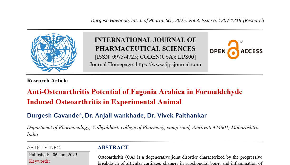 Anti-Osteoarthritis Potential of Fagonia Arabica in Formaldehyde Induced Osteoarthritis in Experimental Animal
