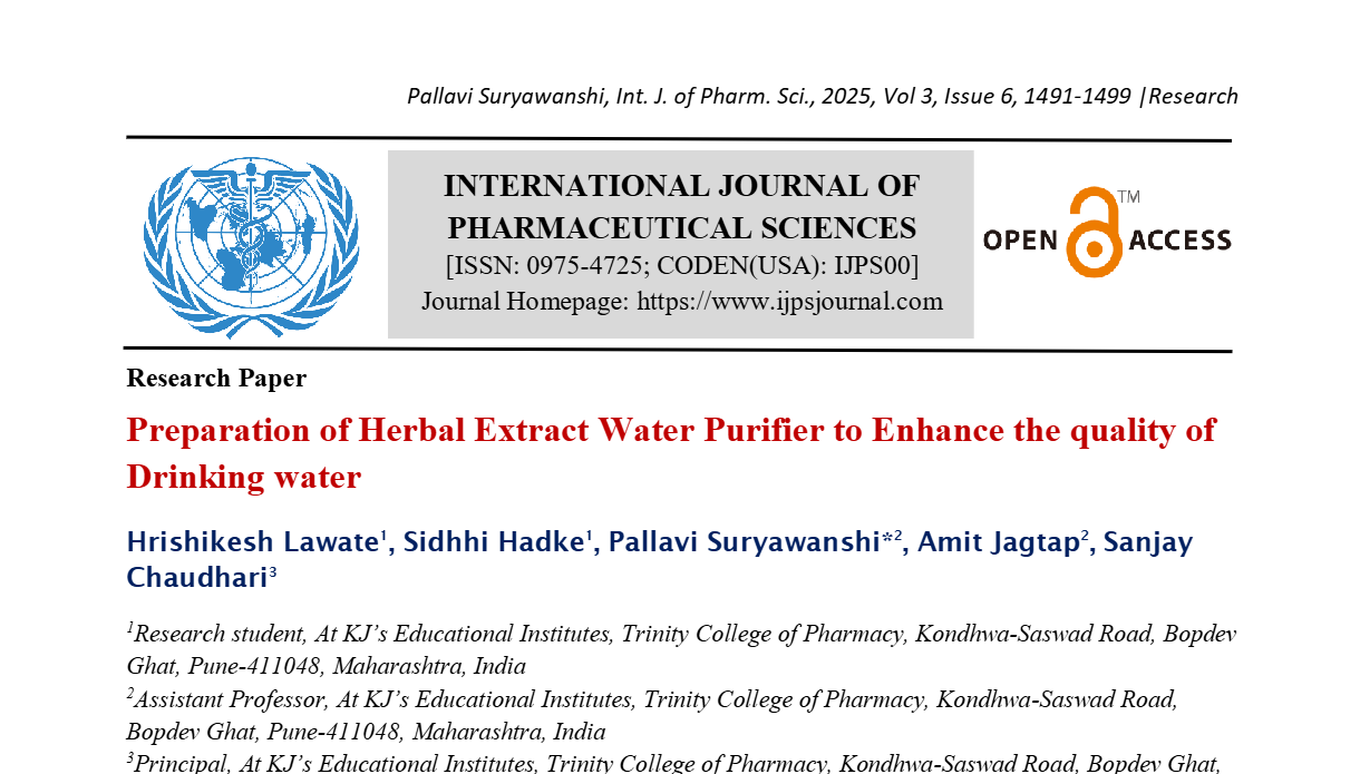 Preparation of Herbal Extract Water Purifier to Enhance the quality of Drinking water