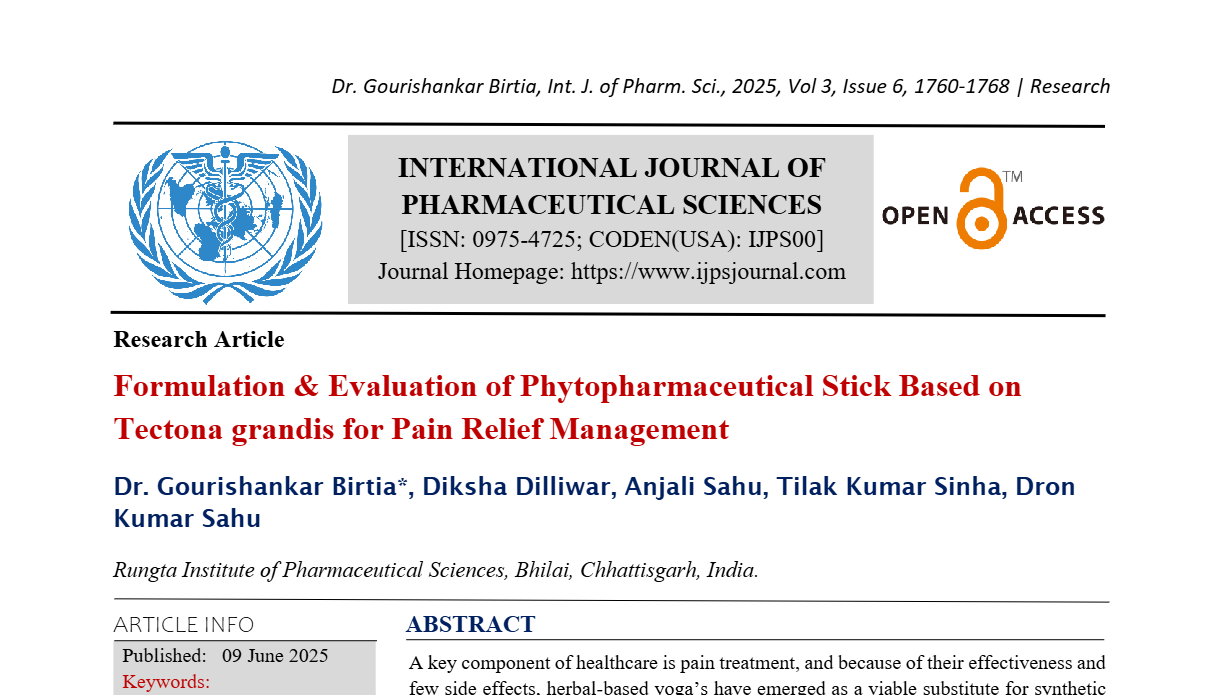 Formulation & Evaluation of Phytopharmaceutical Stick Based on Tectona grandis for Pain Relief Management