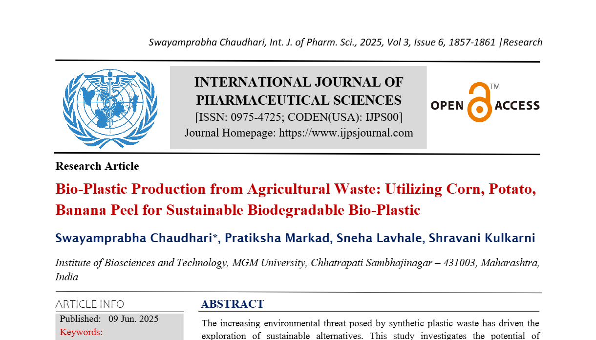 Bio-Plastic Production from Agricultural Waste: Utilizing Corn, Potato, Banana Peel for Sustainable Biodegradable Bio-Plastic