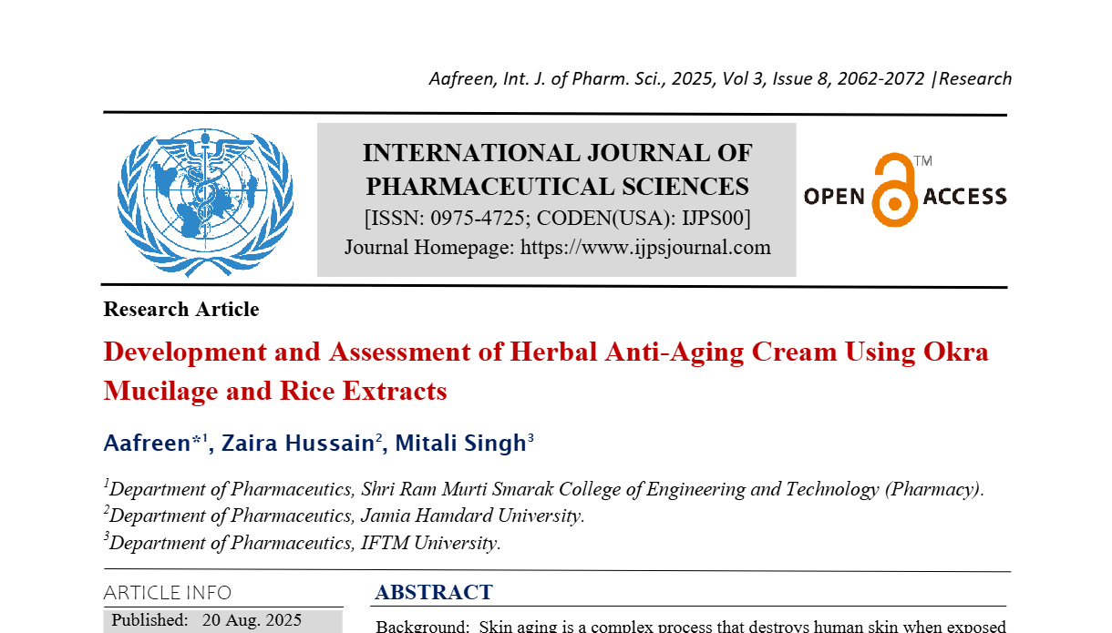 Development and Assessment of Herbal Anti-Aging Cream Using Okra Mucilage and Rice Extracts