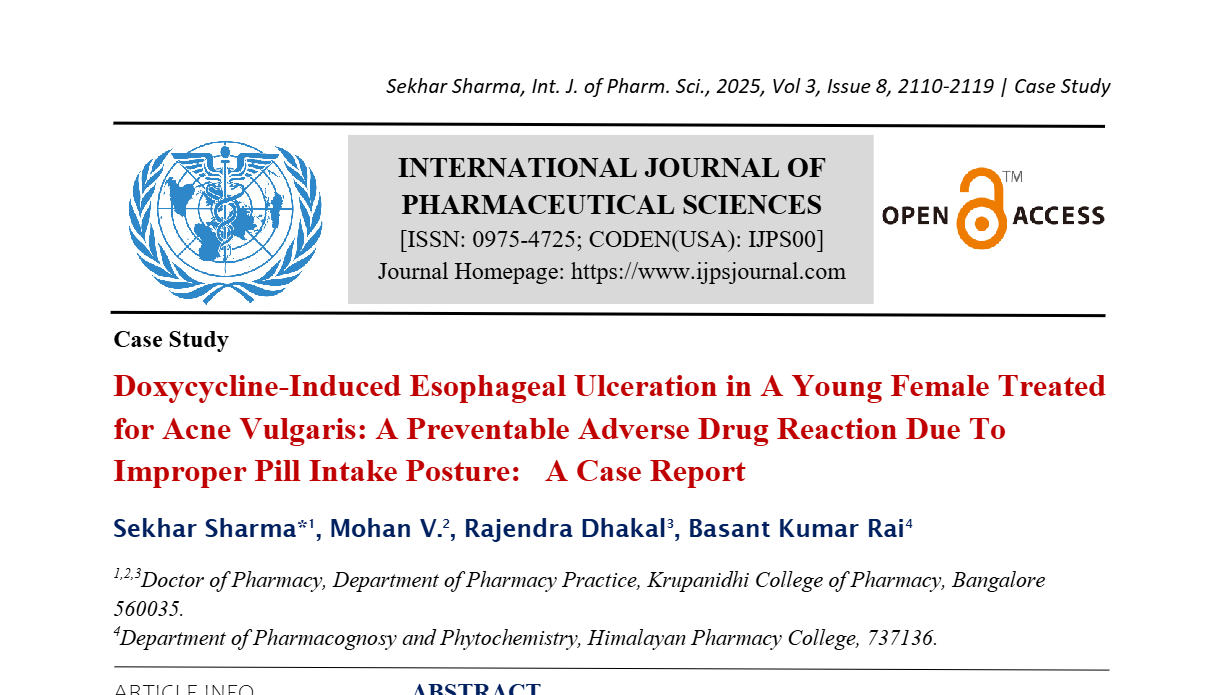 Doxycycline-Induced Esophageal Ulceration in A Young Female Treated for Acne Vulgaris: A Preventable Adverse Drug Reaction Due To Improper Pill Intake Posture:   A Case Report
