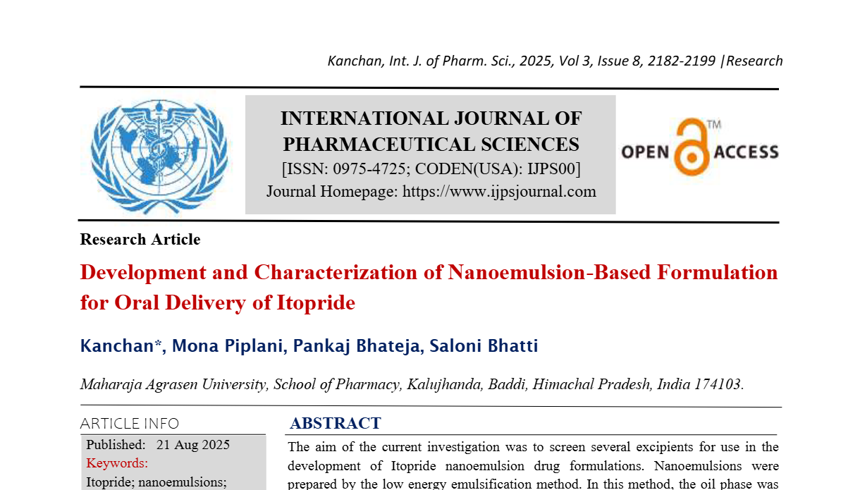 Development and Characterization of Nanoemulsion-Based Formulation for Oral Delivery of Itopride