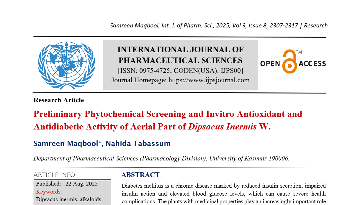 Preliminary Phytochemical Screening and Invitro Antioxidant and Antidiabetic Activity of Aerial Part of Dipsacus Inermis W.