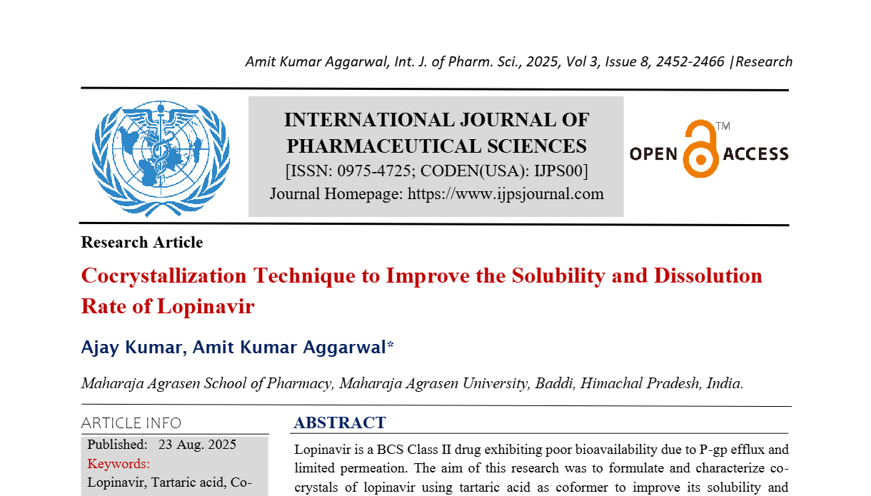 Cocrystallization Technique to Improve the Solubility and Dissolution Rate of Lopinavir