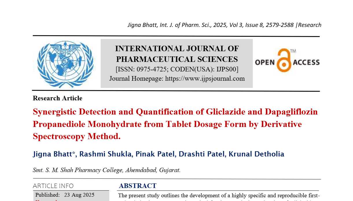 Synergistic Detection and Quantification of Gliclazide and Dapagliflozin Propanediole Monohydrate from Tablet Dosage Form by Derivative Spectroscopy Method.