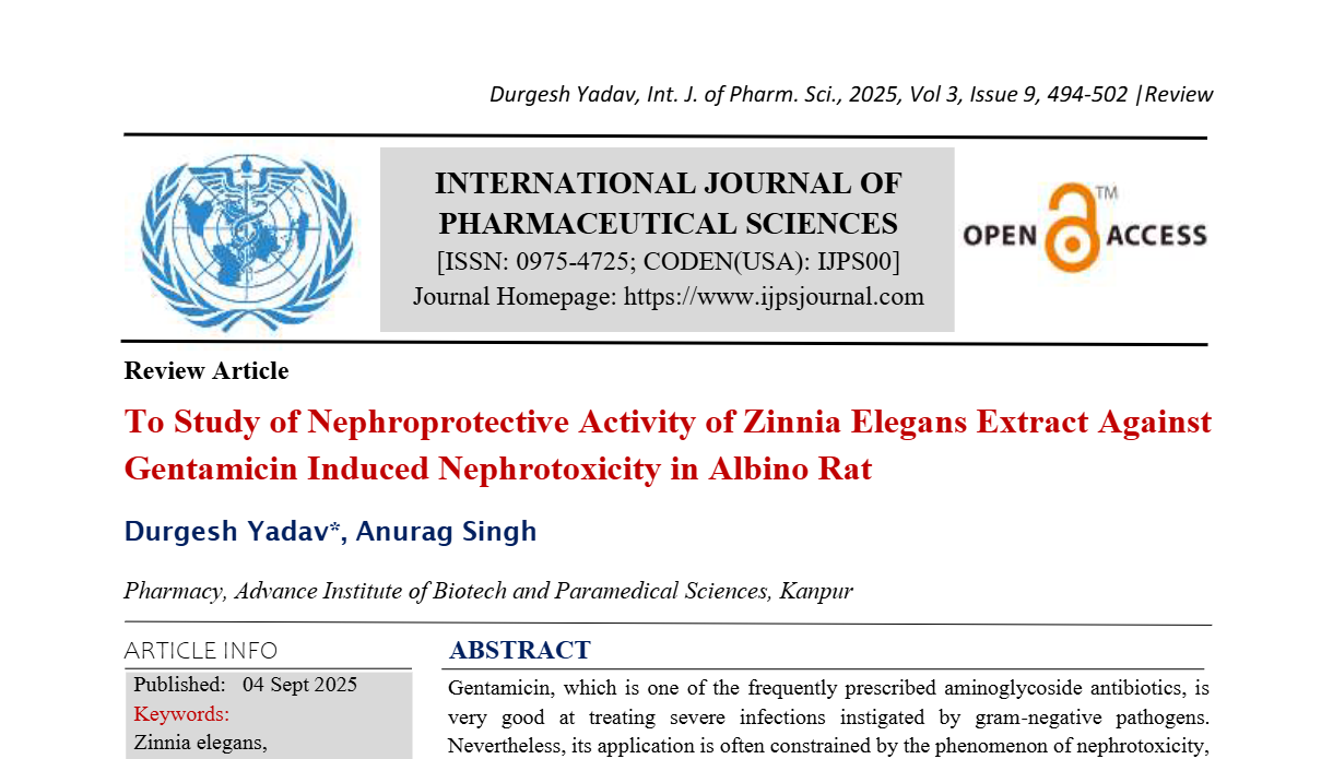 To Study of Nephroprotective Activity of Zinnia Elegans Extract Against Gentamicin Induced Nephrotoxicity in Albino Rat