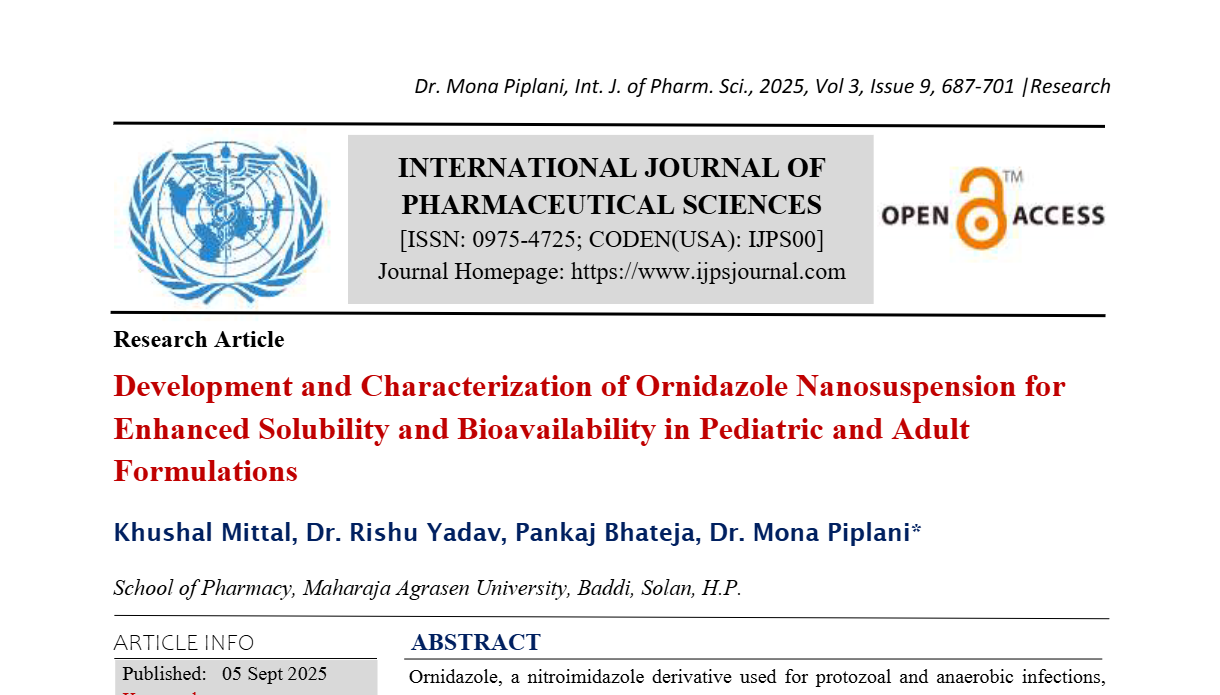 Development and Characterization of Ornidazole Nanosuspension for Enhanced Solubility and Bioavailability in Pediatric and Adult Formulations