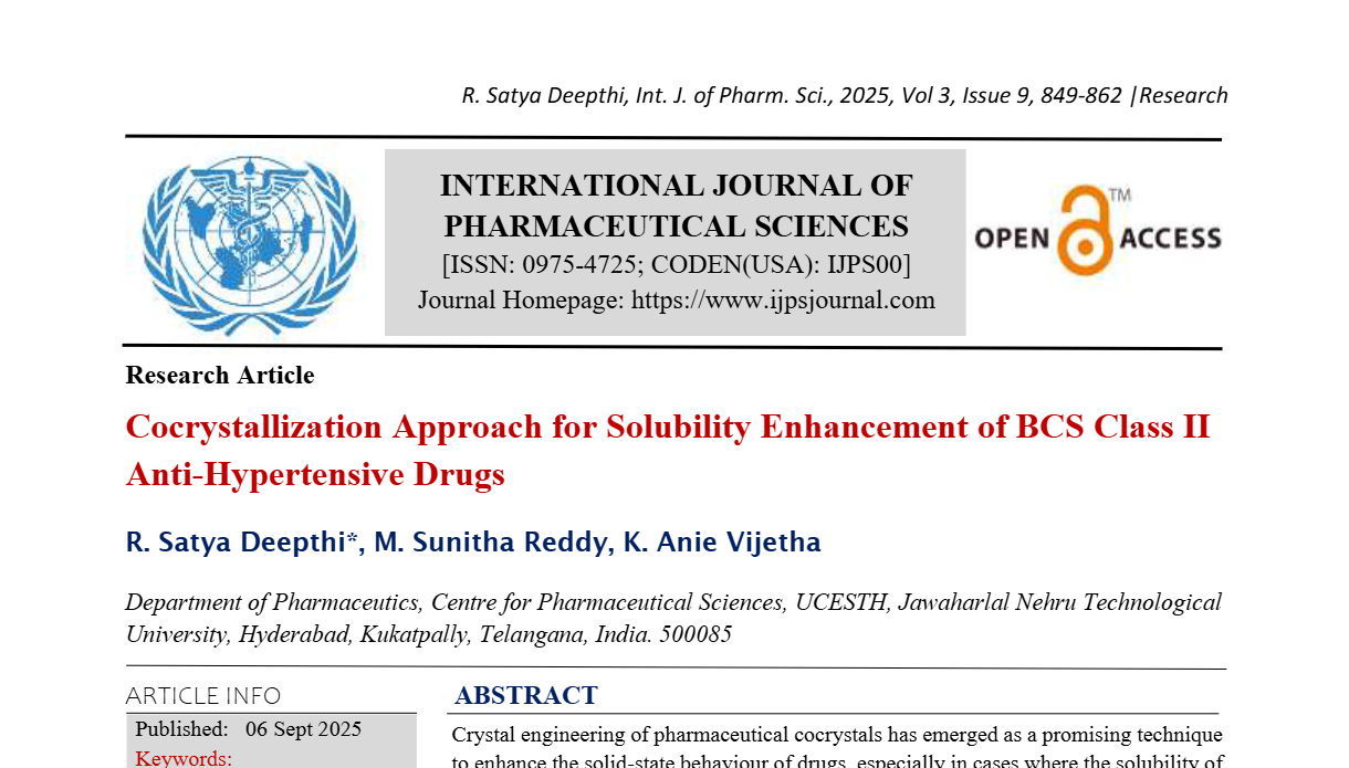 Cocrystallization Approach for Solubility Enhancement of BCS Class II Anti-Hypertensive Drugs