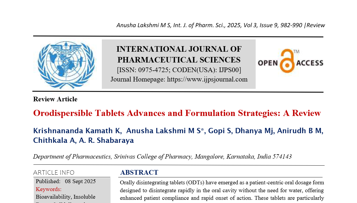 Orodispersible Tablets Advances and Formulation Strategies: A Review
