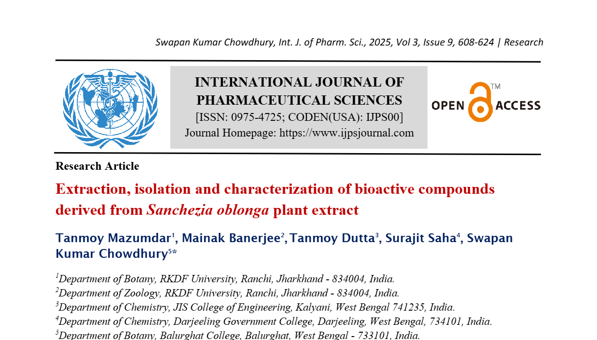 Extraction, isolation and characterization of bioactive compounds derived from Sanchezia oblonga plant extract