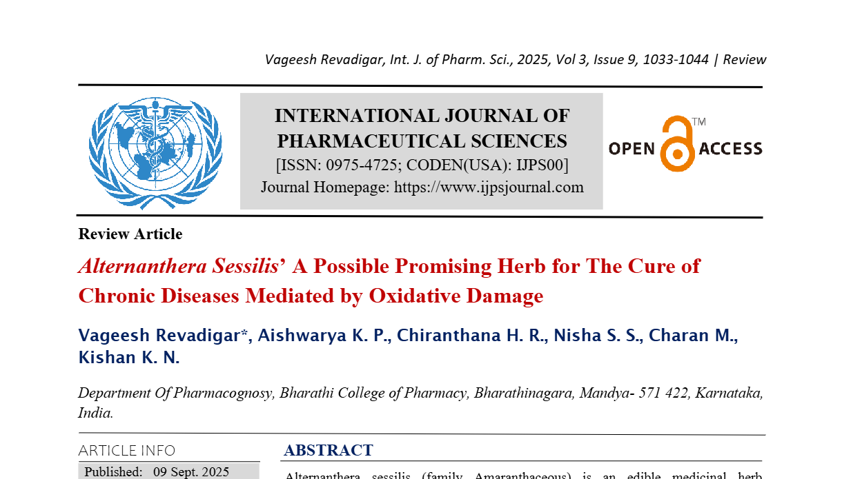 Alternanthera Sessilis’ A Possible Promising Herb for The Cure of Chronic Diseases Mediated by Oxidative Damage