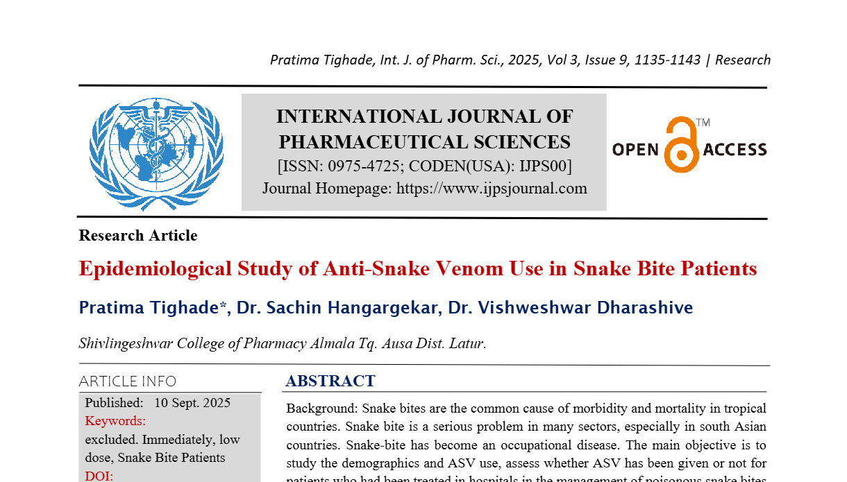 Epidemiological Study of Anti-Snake Venom Use in Snake Bite Patients