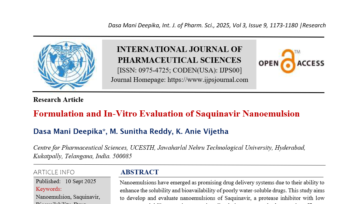 Formulation and In-Vitro Evaluation of Saquinavir Nanoemulsion