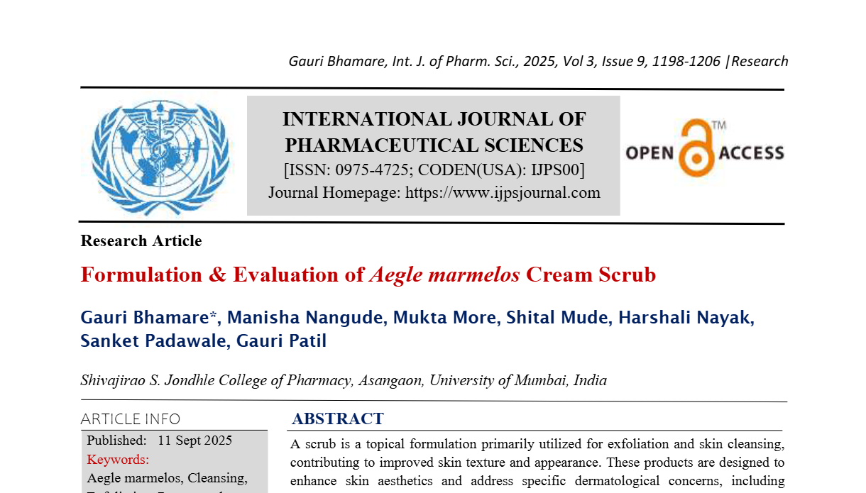 Formulation & Evaluation of Aegle marmelos Cream Scrub