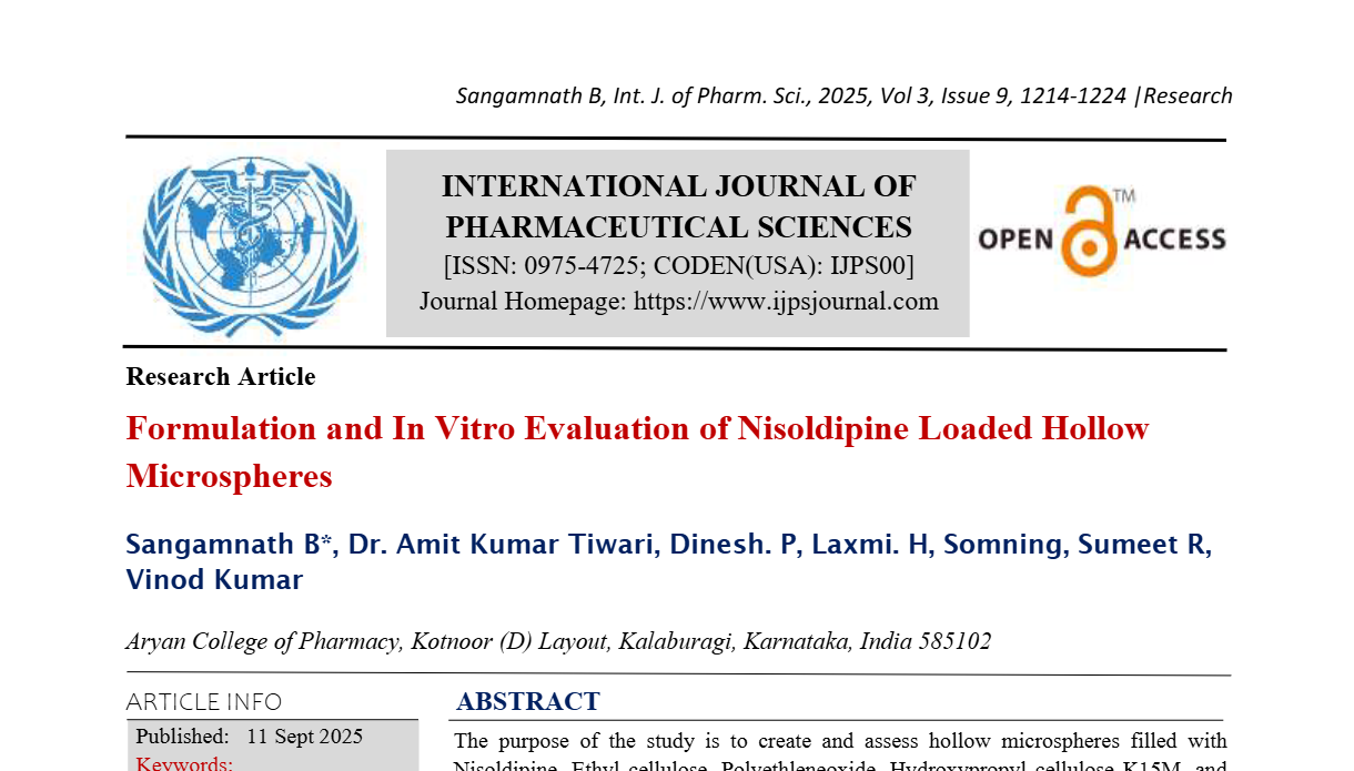 Formulation and In Vitro Evaluation of Nisoldipine Loaded Hollow Microspheres