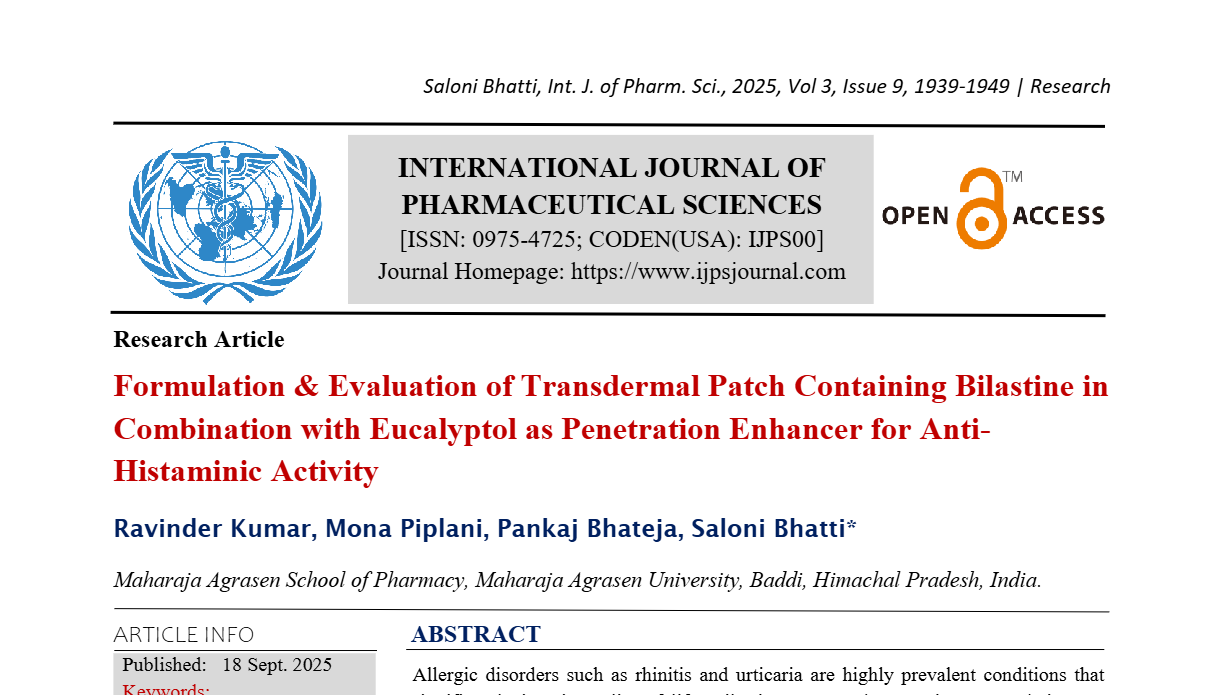 Formulation & Evaluation of Transdermal Patch Containing Bilastine in ...