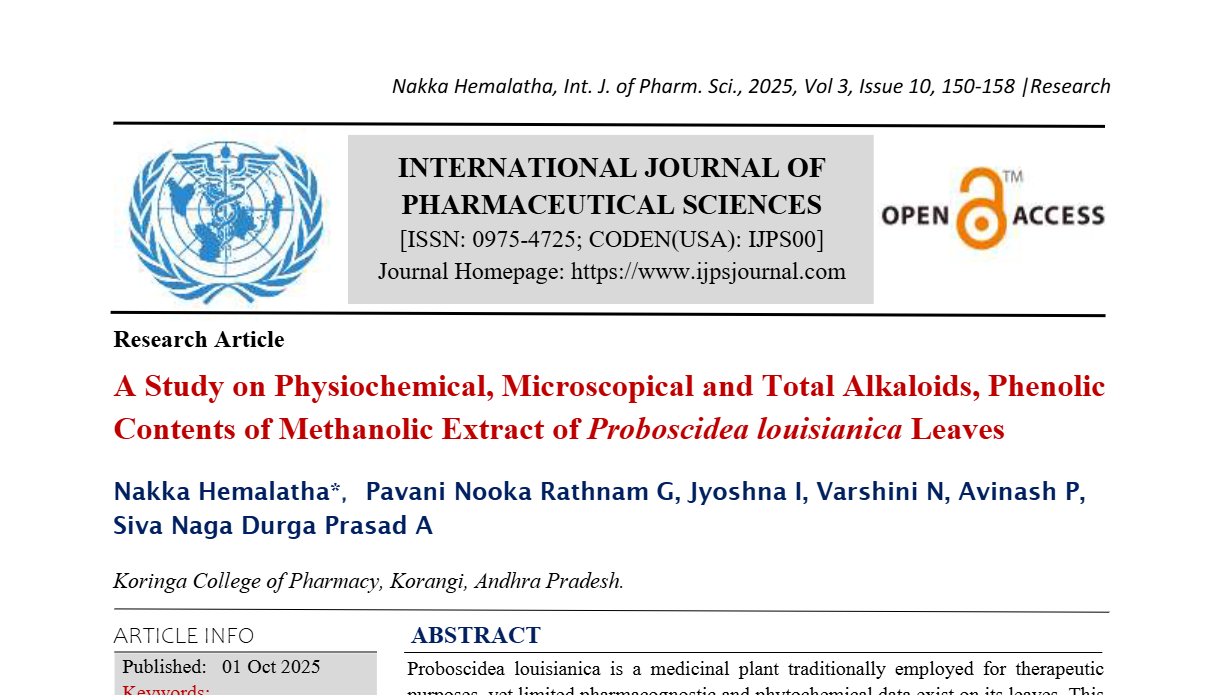 A Study on Physiochemical, Microscopical and Total Alkaloids, Phenolic Contents of Methanolic Extract of Proboscidea louisianica Leaves