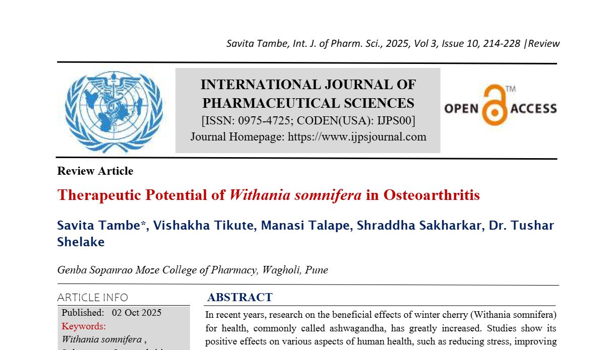 Therapeutic Potential of Withania somnifera in Osteoarthritis
