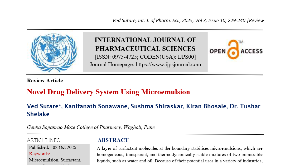 Novel Drug Delivery System Using Microemulsion