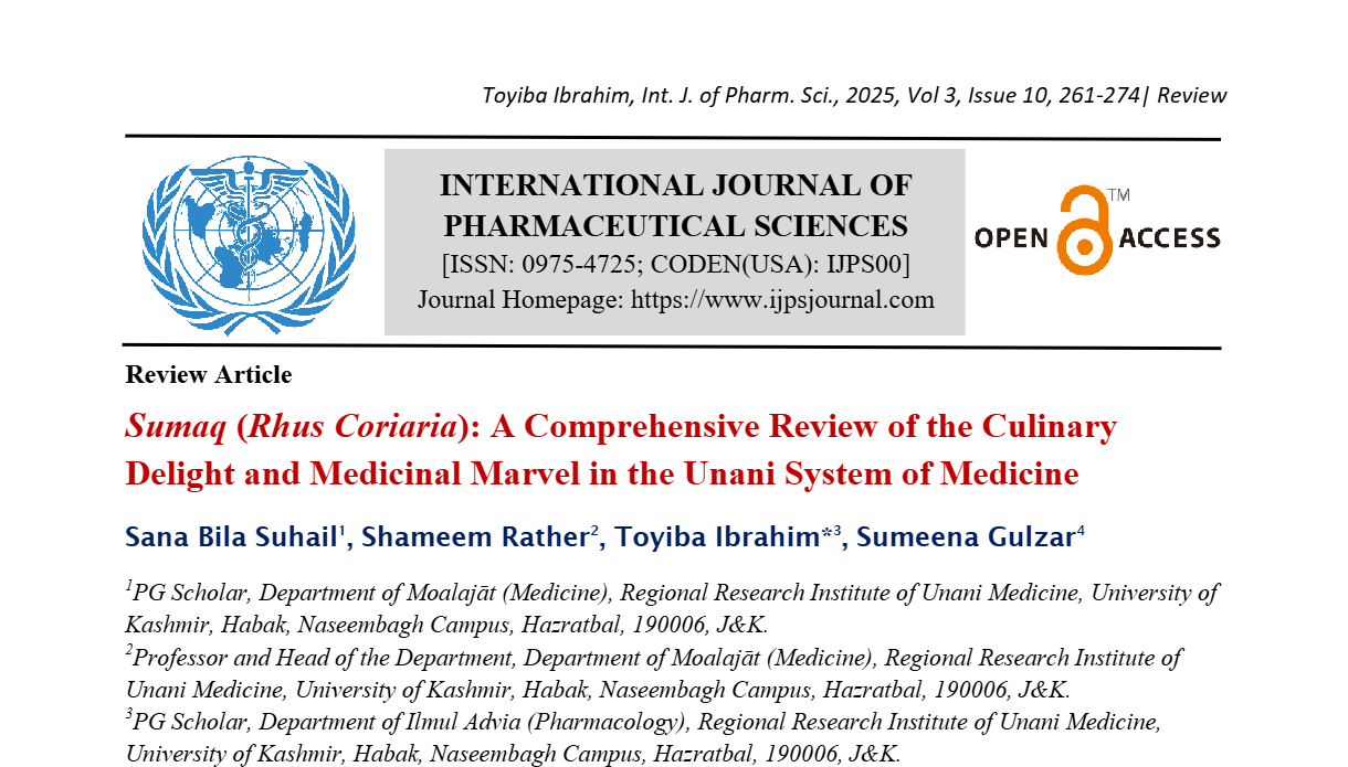 Sumaq (Rhus Coriaria): A Comprehensive Review of the Culinary Delight and Medicinal Marvel in the Unani System of Medicine