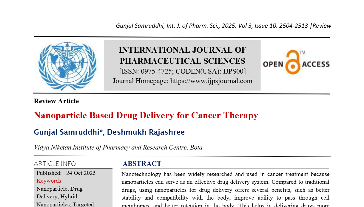 Nanoparticle Based Drug Delivery for Cancer Therapy | IJPS Journal