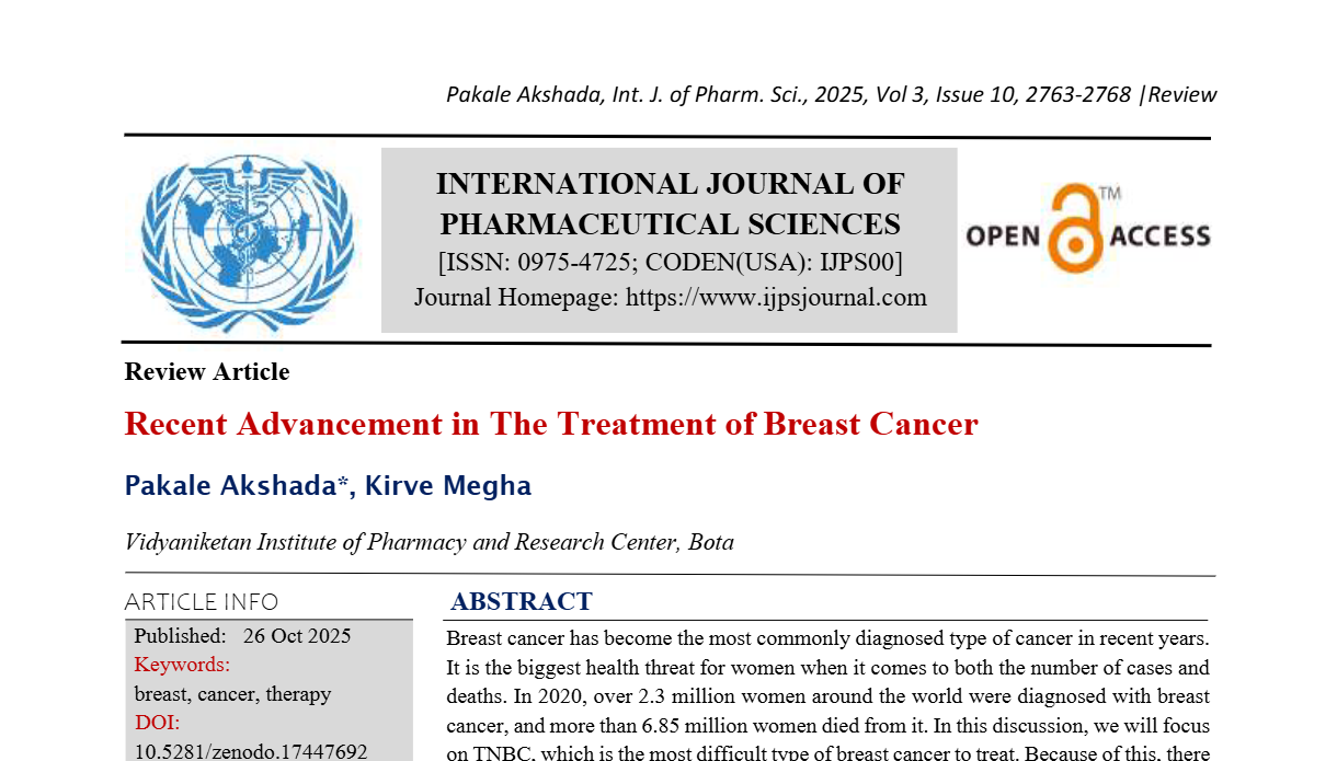 Recent Advancement in The Treatment of Breast Cancer | IJPS Journal