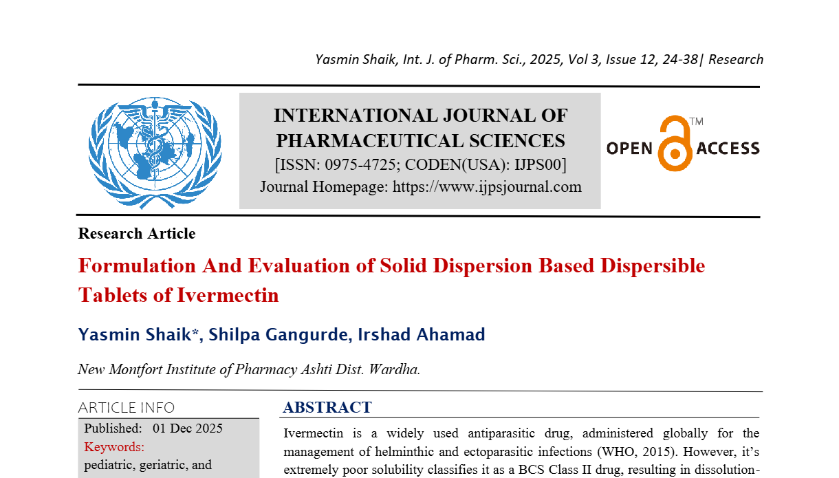 Formulation And Evaluation of Solid Dispersion Based Dispersible Tablets of Ivermectin