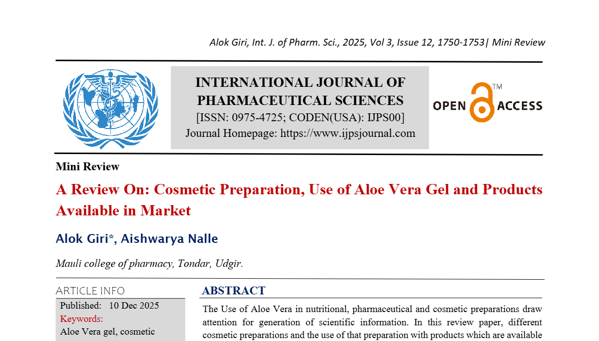 A Review On: Cosmetic Preparation, Use of Aloe Vera Gel and Products Available in Market