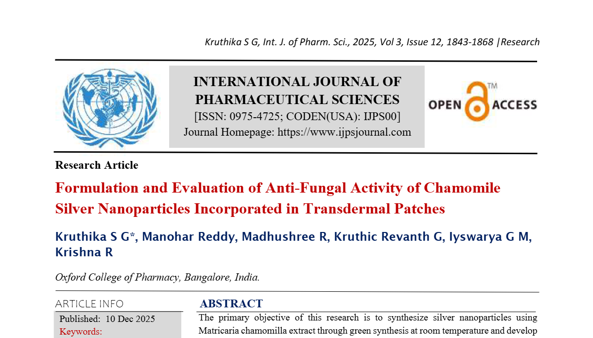 Formulation and Evaluation of Anti-Fungal Activity of Chamomile Silver Nanoparticles Incorporated in Transdermal Patches