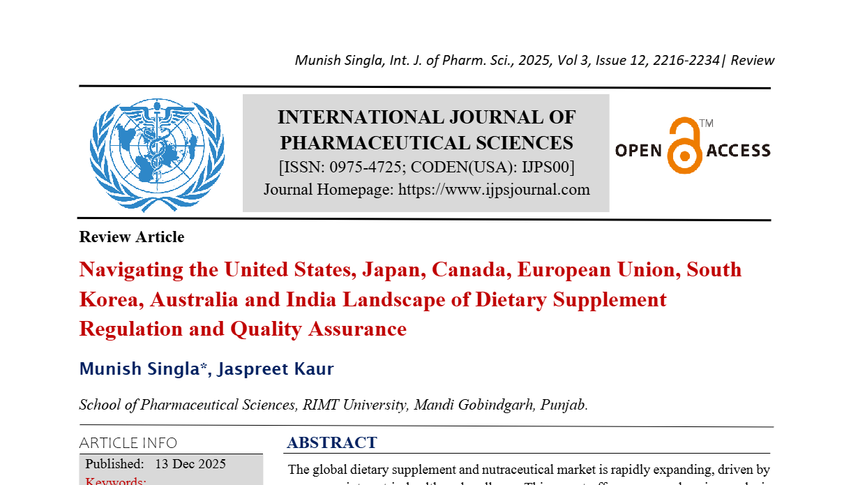 Navigating the United States, Japan, Canada, European Union, South Korea, Australia and India Landscape of Dietary Supplement Regulation and Quality Assurance