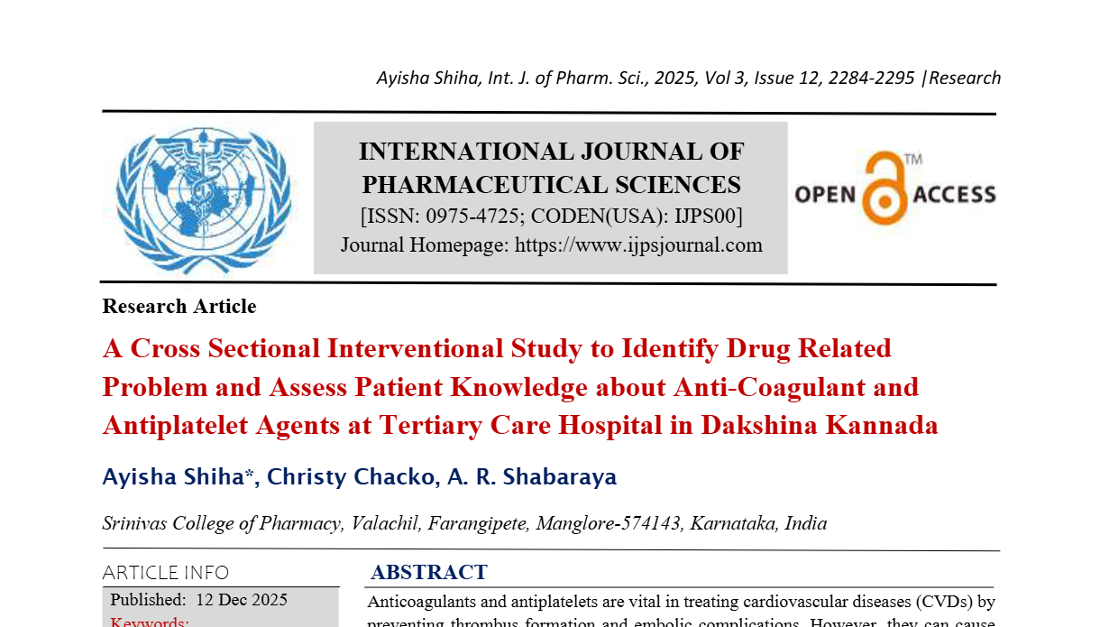 A Cross Sectional Interventional Study to Identify Drug Related Problem and Assess Patient Knowledge about Anti-Coagulant and Antiplatelet Agents at Tertiary Care Hospital in Dakshina Kannada