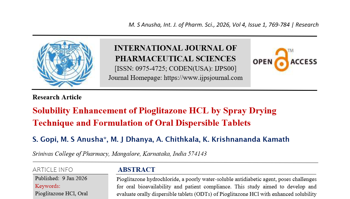 Solubility Enhancement of Pioglitazone HCL by Spray Drying Technique and Formulation of Oral Dispersible Tablets